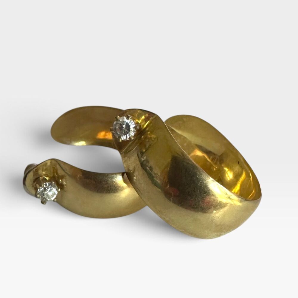 1990s 10K Yellow Gold Chunky Hoop Earrings CZ Sculptural Statement Hoops 2.47g